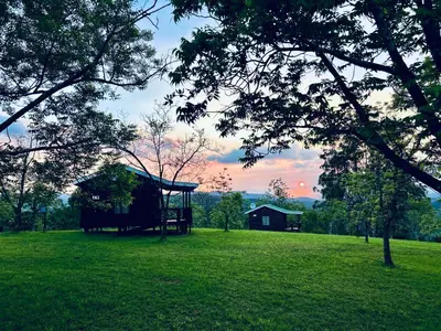 a view of a field with a house and trees at The Windmill Country Retreat in Hazyview