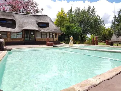 a large swimming pool in front of a house at Lush Horizons Game Lodge in Modimolle
