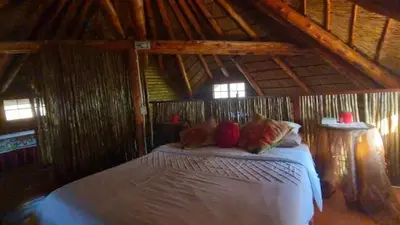 a bedroom with a bed in a wooden room at Nomads Rest in Sterkspruit