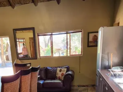 a living room with a couch and a mirror at Rondevue Game Lodge in Warmbaths