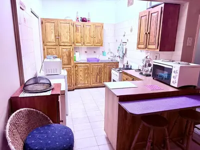 a kitchen with wooden cabinets and a counter top at El Roi apartment in Middelburg