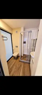 a bathroom with a shower and a toilet and a sink at Romantic Victorian guest room in Pretoria