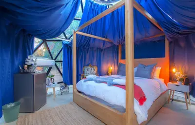 a bedroom with a canopy bed with blue drapes at IHLATHi Glass Dome in Marloth Park