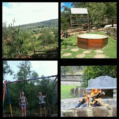 a collage of pictures of a woman standing next to a fire at Inniberg Nylstroom Chalets in Modimolle