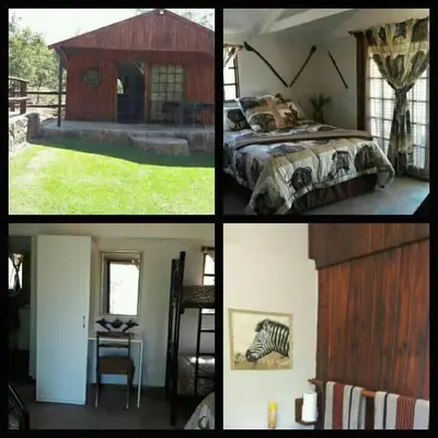 a collage of pictures of a bedroom and a bed at Inniberg Nylstroom Chalets in Modimolle