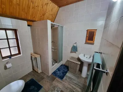 a bathroom with a shower and a sink and a toilet at Ratel Retreat in Marloth Park