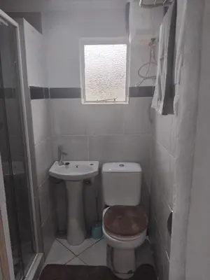 a small bathroom with a toilet and a sink at Claremont Secured Accommodation in Pretoria