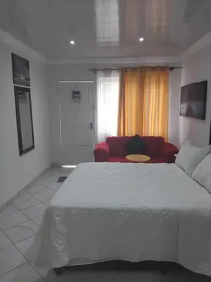 a bedroom with a large bed and a red couch at Claremont Secured Accommodation in Pretoria