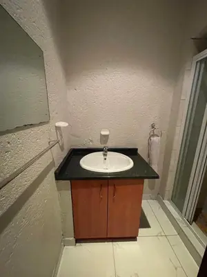 a bathroom with a sink with a black counter at Cottage tranquility in Pretoria
