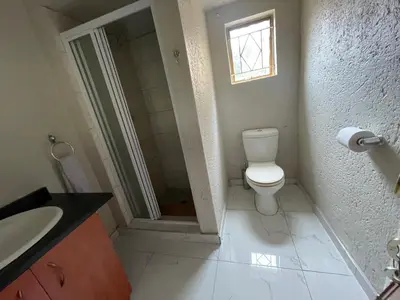 a bathroom with a toilet and a shower and a sink at Cottage tranquility in Pretoria