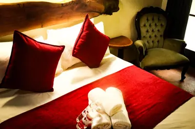 a bed with red pillows and a stuffed animal on it at The Red Oak Guesthouse in Tzaneen