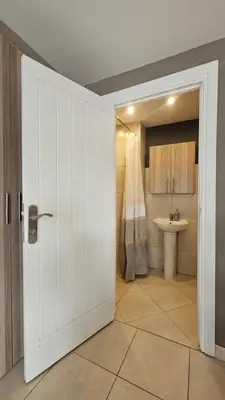 a bathroom with a white door and a sink at Belle Vie Boutique Guesthouse in Pretoria