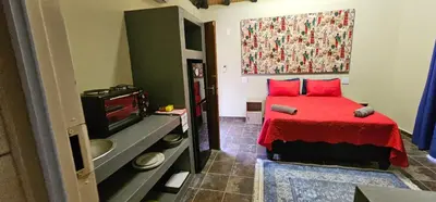 a bedroom with a red bed and a tv at The Rondawel in Marloth Park