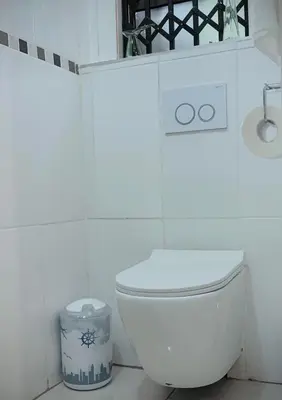 a white bathroom with a toilet and a trash can at Khami Guesthouse in Pretoria