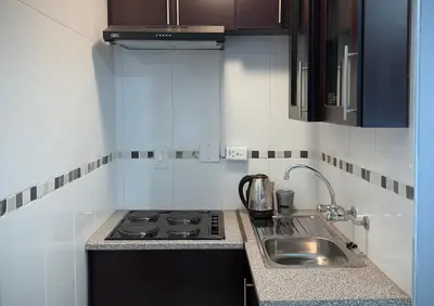 a small kitchen with a stove and a sink at Khami Guesthouse in Pretoria