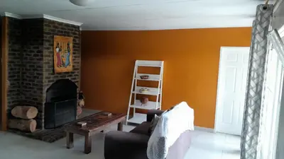 a living room with a fireplace and a couch at Emasimini Cottages in Midrand