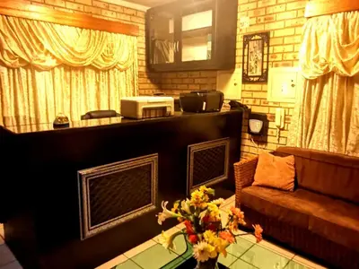 a living room with a fireplace and a couch at Charming Tshwane BB with Secure Entrance Central AC in Pretoria