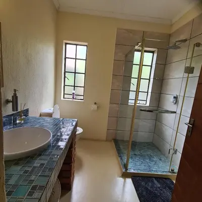 a bathroom with a sink and a glass shower at Six Senses in Marloth Park