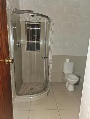 a bathroom with a shower and a toilet at The Loraine Luxury Villa in Witbank