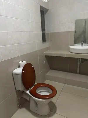 a bathroom with a toilet with a wooden seat and a sink at The Loraine Luxury Villa in Witbank