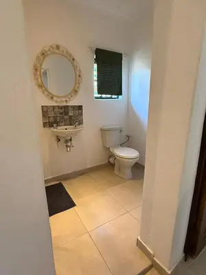a bathroom with a toilet and a sink and a mirror at Wittus Retreat in White River