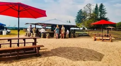 a group of people standing in the sand under umbrellas at Stonehouse in Carolina