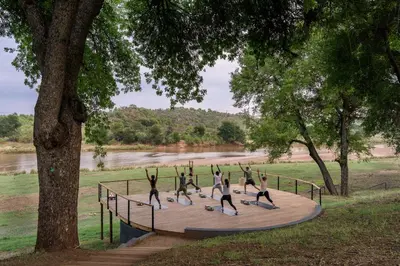 a group of people doing yoga on a wooden ramp at Sashwa River of Stars Plant-Based Wellness Safari Lodge in Hoedspruit