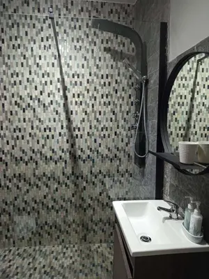 a bathroom with a shower and a sink and a mirror at Hantam Suites in Centurion