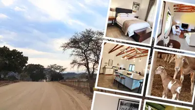 a collage of photos of a hotel room with a bed and a road at The Goat House Farmstay in Nelspruit