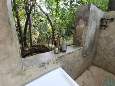 a shower with a mirror in a bathroom with trees at Lazy River Retreat in Pretoria