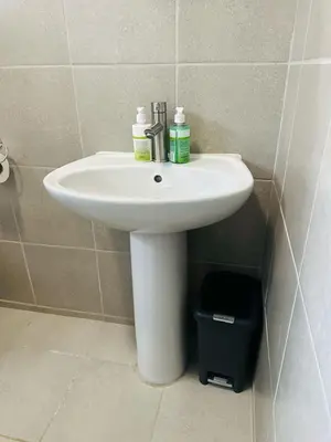 a white sink in a bathroom with a trash can at Calm & Cozy Apartment 3 in Pretoria