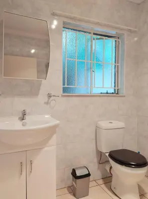 a bathroom with a toilet and a sink and a mirror at Wildflower Haven in Midrand