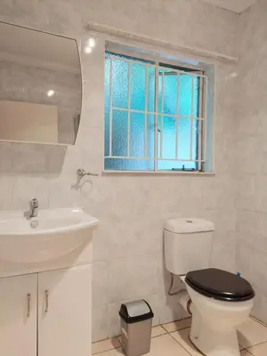 a bathroom with a toilet and a sink and a window at Wildflower Haven in Midrand