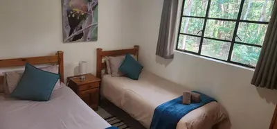 a bedroom with two beds and two windows at Greystone Lodge in Dullstroom
