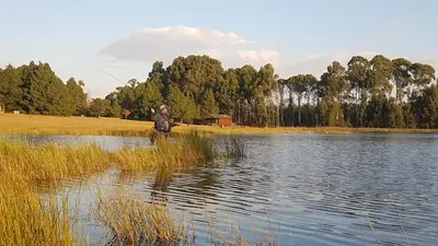 a man is standing in the middle of a lake fishing at Greystone Lodge in Dullstroom
