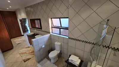 a bathroom with a toilet and a window and a shower at Bergendal Lodge in Hydro