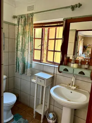 a bathroom with a sink and a toilet and a mirror at Villa Afriq in Lydenburg