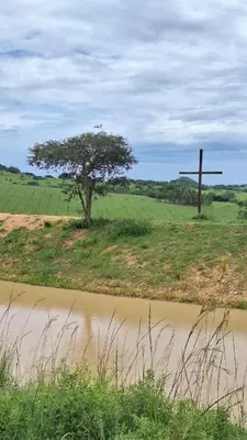 a tree and a cross in a field with a river at Klipspringer Lodge in Nelspruit