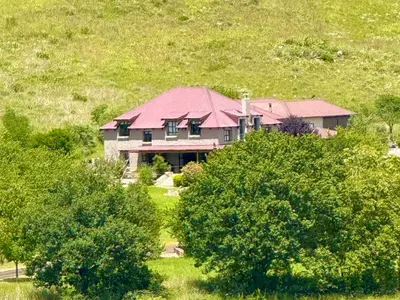 a house on a hill with trees in front of it at Stone Creek Mountain Lodge in Dullstroom