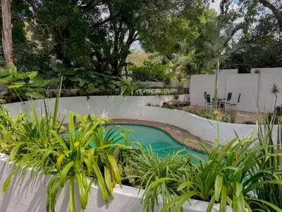 a swimming pool in a garden with plants at Amoris Guesthouse - Hillcrest Brooklyn in Pretoria