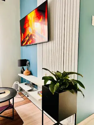 a living room with a plant and a tv on a wall at Stunning 1 bed in Midrand at 93 On New Estate in Midrand