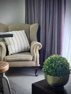 a living room with a chair and a potted plant at Olive Branch in Bethal