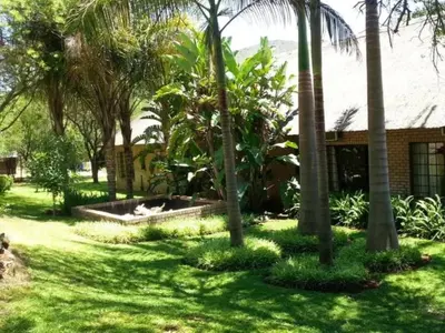 a yard with palm trees in front of a house at Bonamanzi Guesthouse in Burgersfort