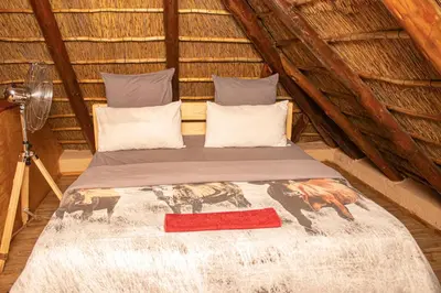 a bed in a thatch roofed room at Falcon Lodge Bela in Bela-Bela
