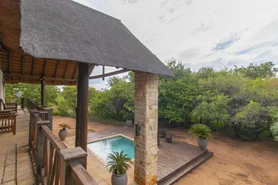 a patio with a pool and a straw umbrella at Beautiful 4-bedroom, 33 Zebula in Warmbaths