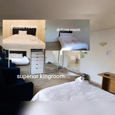 two pictures of a bedroom with two beds in it at TRIANGLE STARS Guest House in Kempton Park