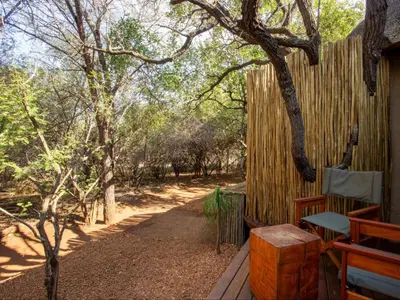 a porch with a bench and a fence and trees at Etnika Manor House in Hoedspruit