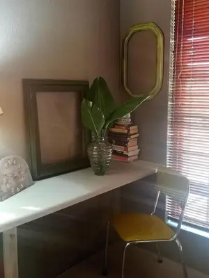 a shelf with a plant and a mirror and a chair at A cozy, artistic suburban-stay at Alice in Africa in Rooihuiskraal