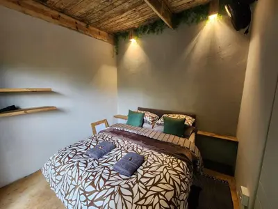a bedroom with a large bed with blue pillows at Hartbeest Bush Stay #26 in Kosmos