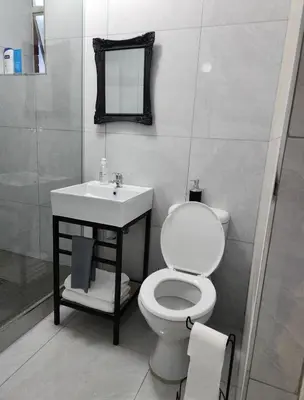 a bathroom with a toilet and a sink at Neat, instaworthy, self-checkin flat in Pretoria in Pretoria